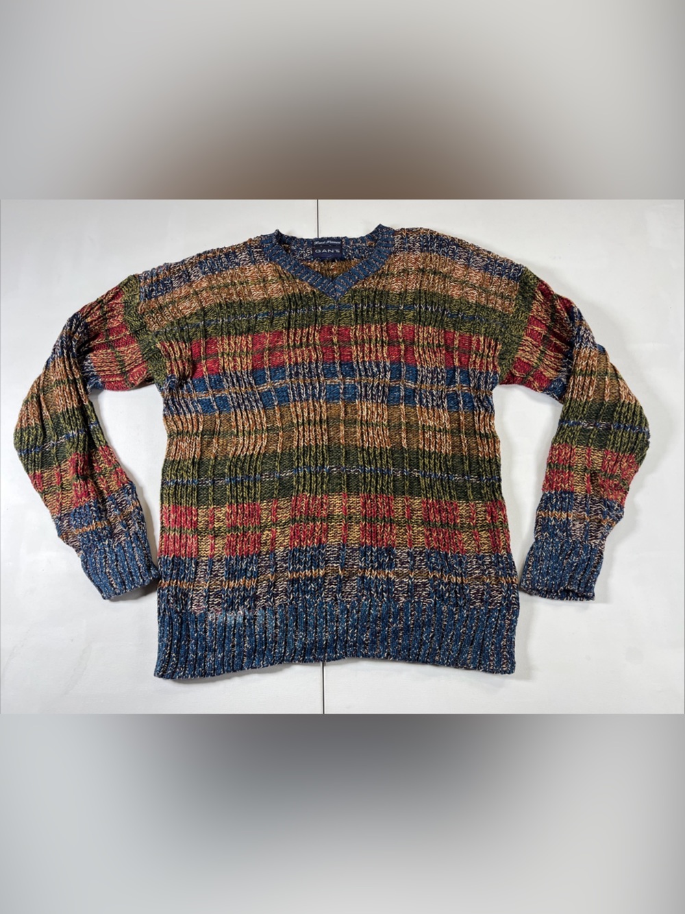VTG Gant Hand Framed Sweater Multi-Color Striped V-Neck Cotton Pullover Size M